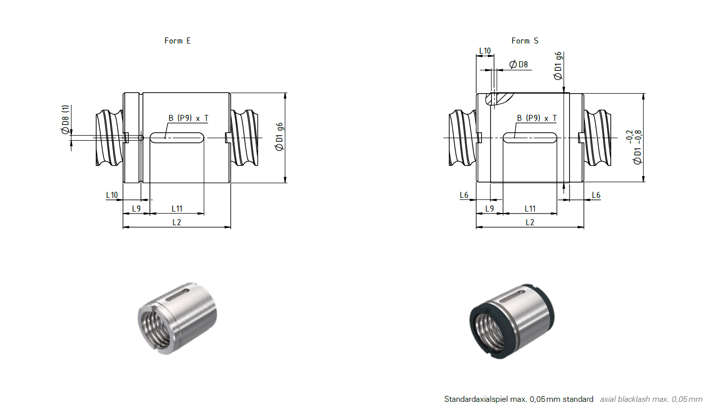 Kugelgewindezylindermutter KGM-D Form E und S Cylindrical Ball Nut KGM-D shape E and S Artikeldatenblattbild